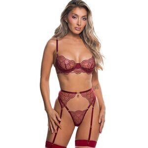 Wine Red Beaded Belle 3pc Garter Lingerie Set Gold Accents Small through X-Large